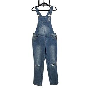 Lulus Women’s Denim Bib Overalls L Blue Distressed Straight Leg Adjustable